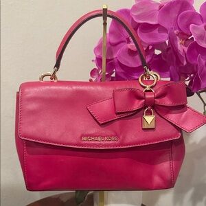 Michael Kors Fuchsia Satchel with Bow Detail Crossbody strap designer with Coa
